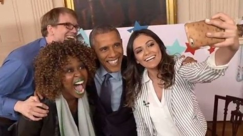 GloZell Green, Hank Green, and Bethany Mota pose for a selfie with President Obama after completing their YouTube interviews. 