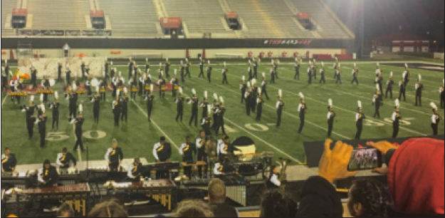 Joliet West Marching Tigers performing The Fabric of Time at NIU, placing 3rd place overall out of the 5 schools performing in their division. Photo courtesy of Aileen Carranza.