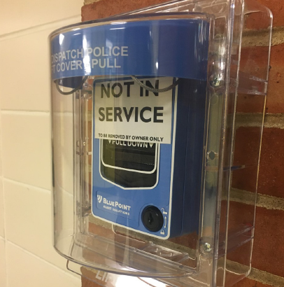 Pictured is one of the out-of-service BluePoint police pull stations. There are many stations around campus, however while they’re not working they have a “not in service sign.” Photo courtesy of Kiersten Jordan.