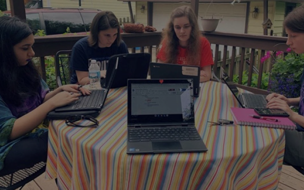 Therese Malinowski (far right) and other girls working together on The Dandelion Project database for Illinois colleges. Photo courtesy of The Dandelion Project on Instagram.