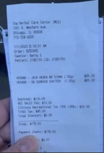 On this receipt, the THC is shown to be taxed by 35% at this shop. Photo courtesy of a shoper at The Herbel Care Center