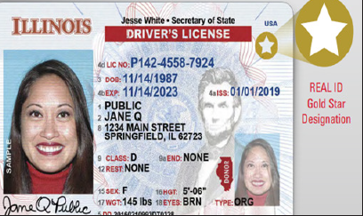 You can tell a real ID by the yellow star in the right-hand corner you can get the Real ID on either your State ID or driver’s license. Photo courtesy of The Official Website for Illinois Secretary of State.