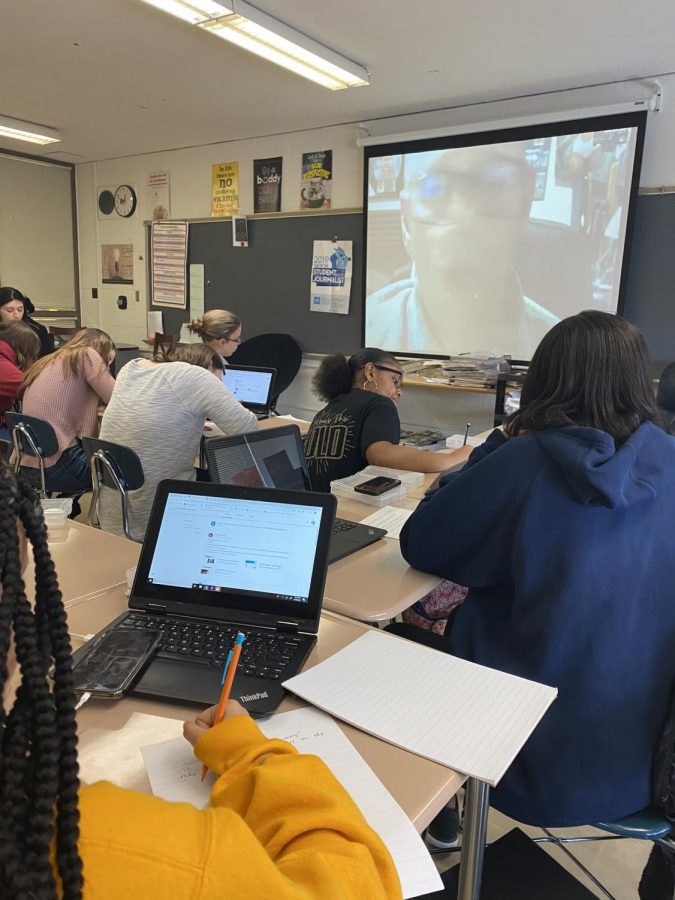 Aspiring journalists skyped with Kevin Kollins from WJOL for Scholastic Journalism Week. 