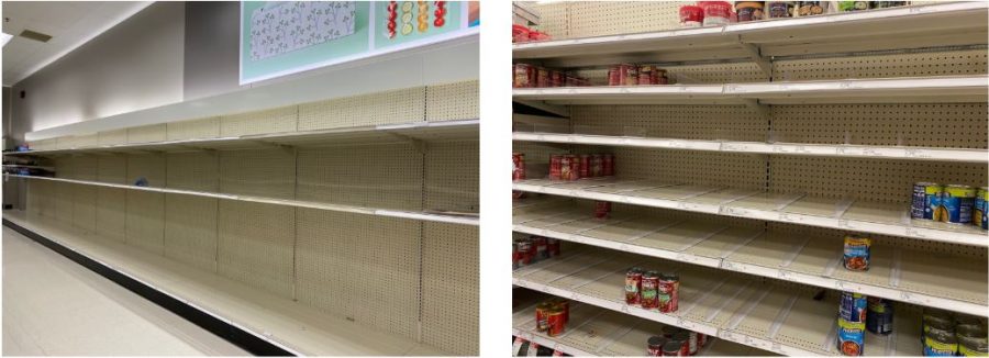 The left photo is of the toilet paper shelves on March 15 in the Target located in Shorewood. The right photo is of the canned goods section of the same store, both left nearly empty after Coronavirus began to spread throughout America. 
