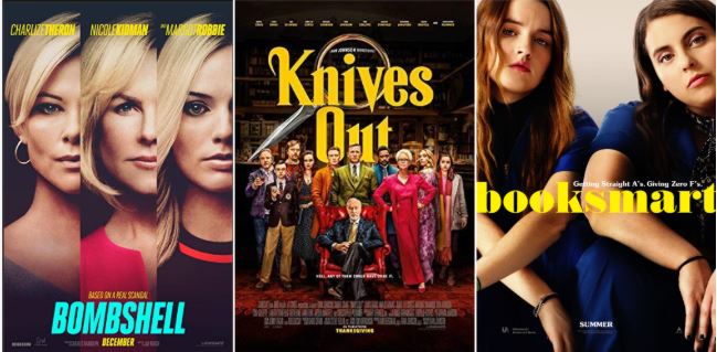 Posters+for+the+films+Bombshell%2C+Knives+Out%2C+and+Booksmart.+All+three+movies+were+released+in+2019+and+are+now+available+to+stream.+Photos+courtesy+of+IMDb.%0A