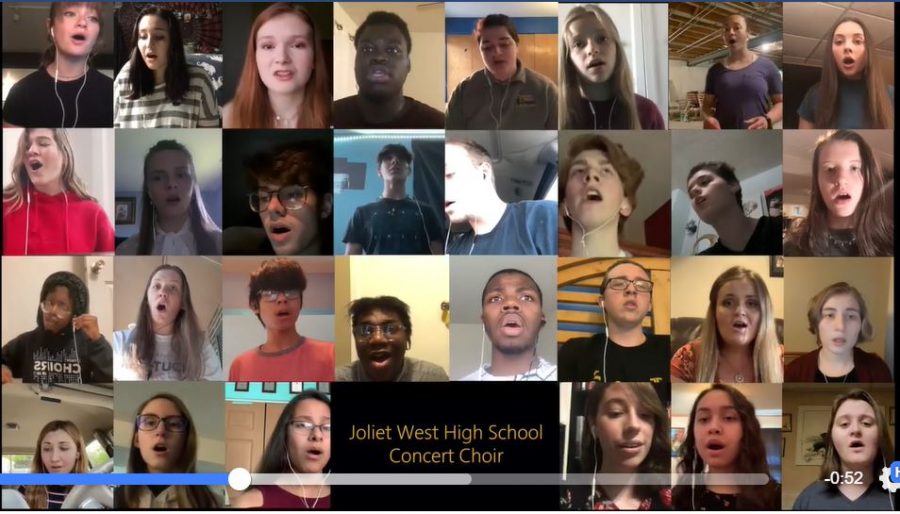 Choir Director, Mr. Deboer, arranged for The Joliet West Choir sings The Star Spangled Banner together from home. Photo taken from Joliet West Vocal Music Facebook 