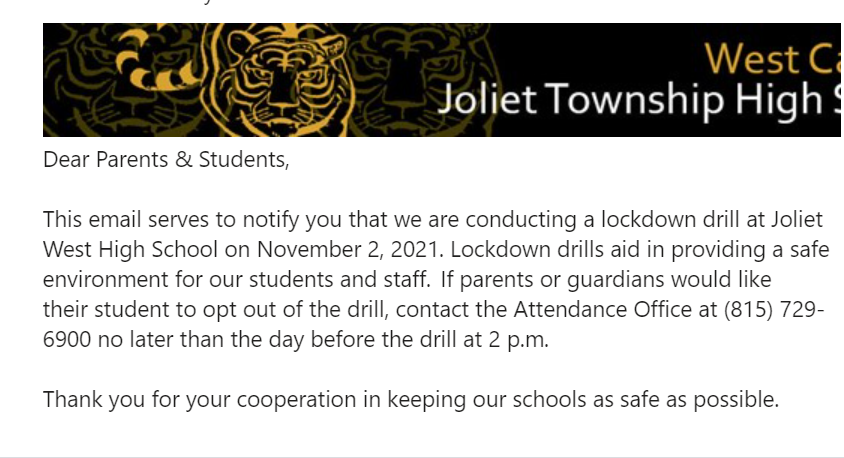 On+Friday%2C+October+29th%2C+JTHS+informed+West+campus+families+and+students+of+a+scheduled+lockdown+drill+to+take+place+on+November+2.+