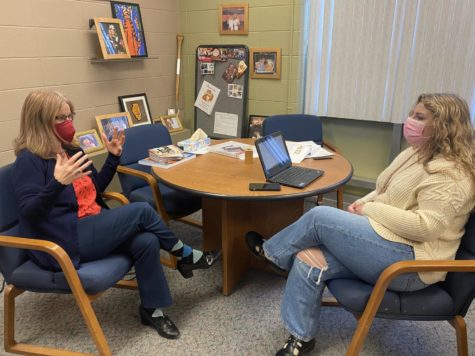 Megan Krok interviews Dr. Gibson on her stepping down from her position as Principal. Photo courtesy of Haley Maser.