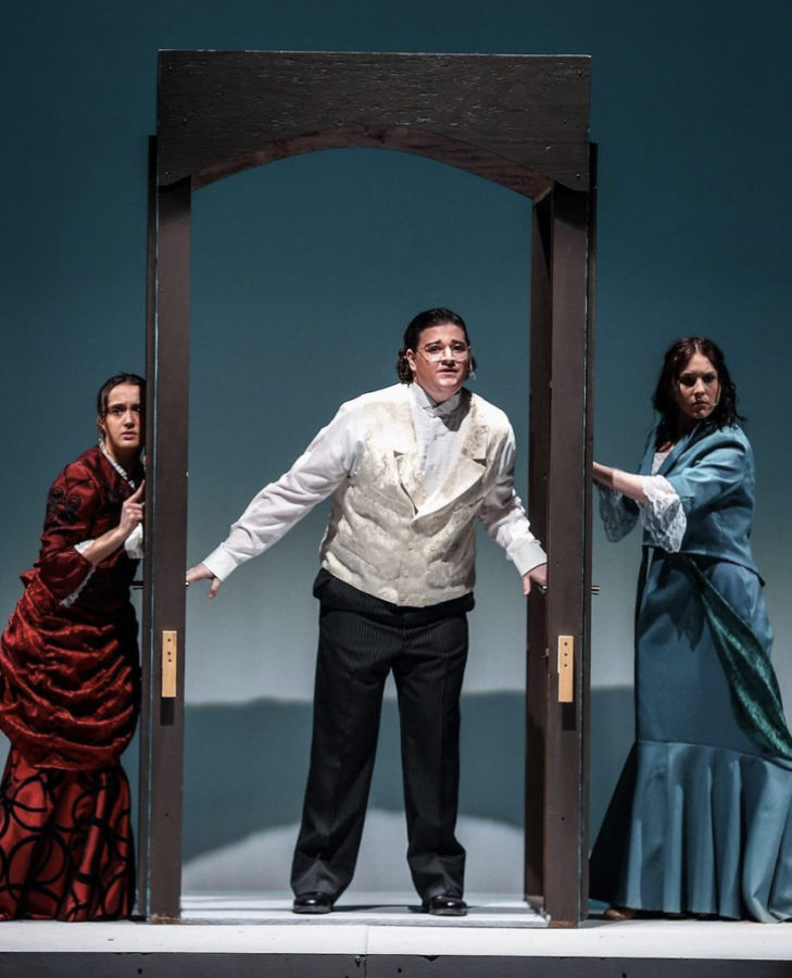 Payton Fraser, Micah Klima, and Kaitlyn Ruddy perform a musical number from “A Gentleman’s Guide to Love and Murder” in the auditorium. Photo courtesy of Jennifer Heim Photography.