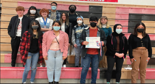 (from left to right) 3rd Row: Rebecca Ramirez, Matteo Audelo, Angela Ayivor. 2nd Row: Nick DePaolo, Clare Lundeen, Stephanie Porys-Camarillo, Claudia Villaflor, Karis Posteluk. 1st Row: Luna Davila, Lissette Garnica, Octavio Ortiz, Katherine Colome, Megan Scholtes. Photo courtesy of Mrs. Carter, Joliet Central.