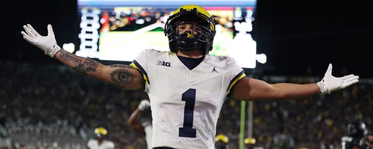 Michigan Wide receiver Roman Wilson celebrating