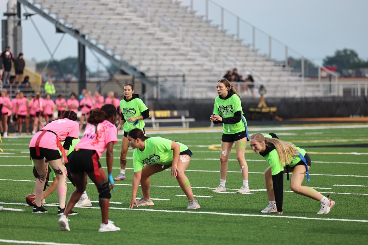 Currently, the only opportunity for girls to play flag football was in the annual Powderpuff game. The 2023-2024 Powderpuff game with a win for the juniors (right). Photo courtesy of VIP.
